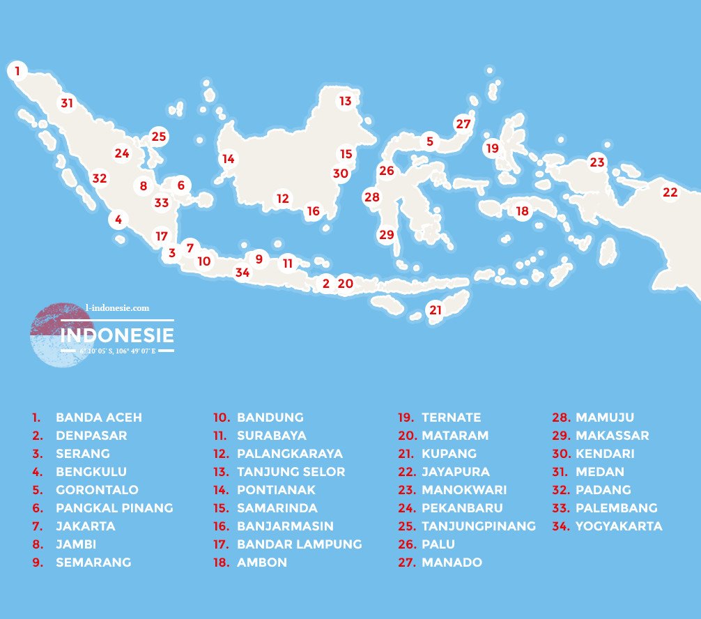 Carte Villes/capitals des régions en Indénésie